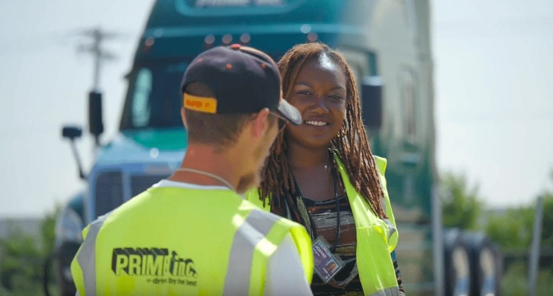 Woman truck driver takes home Prime truck and accessories