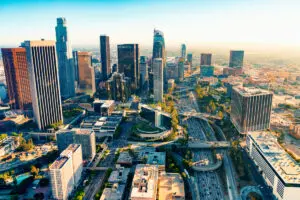 Aerial view of downtown LA at sunset.